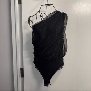 NWOT Express Black Sheer Overlay One-Shoulder Bodysuit